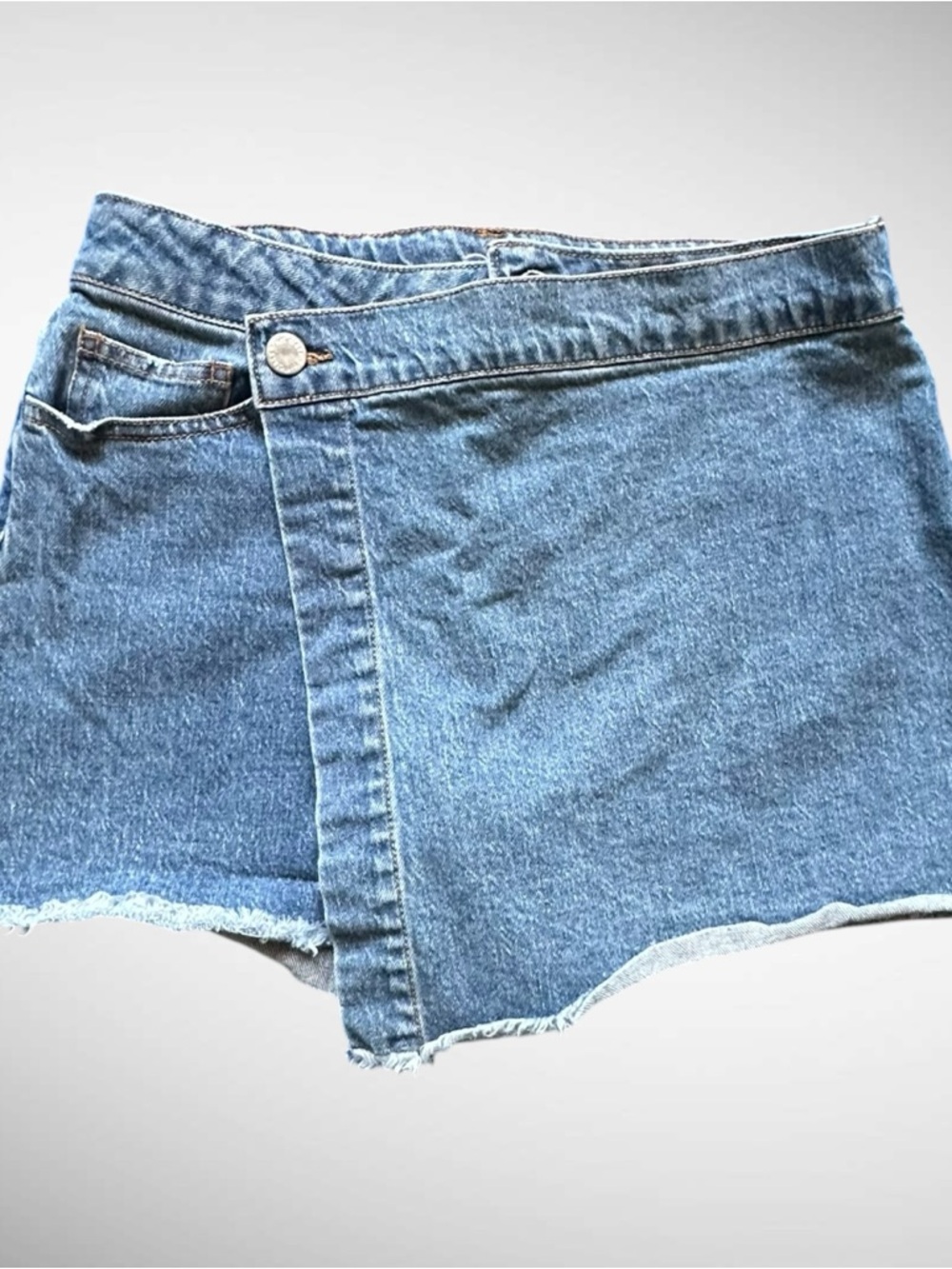 Girl’s Denim Wrap Skort / Mini Skirt Shorts Blue Jean Frayed Hem Casual Size 14